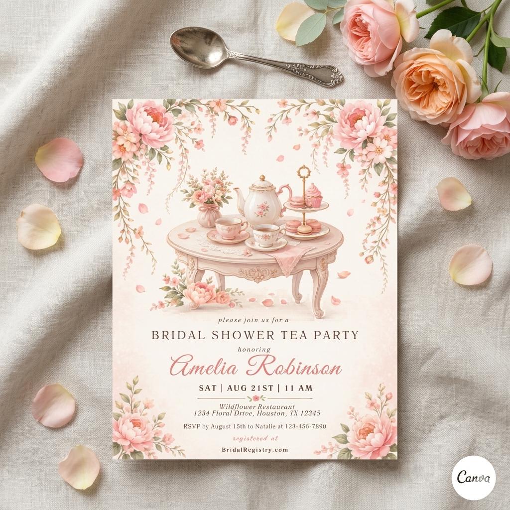 Tea Party Bridal Shower Invitation, Floral Bridal Shower Invitation, Tea Party Invitation, Printed or Digital Invitation