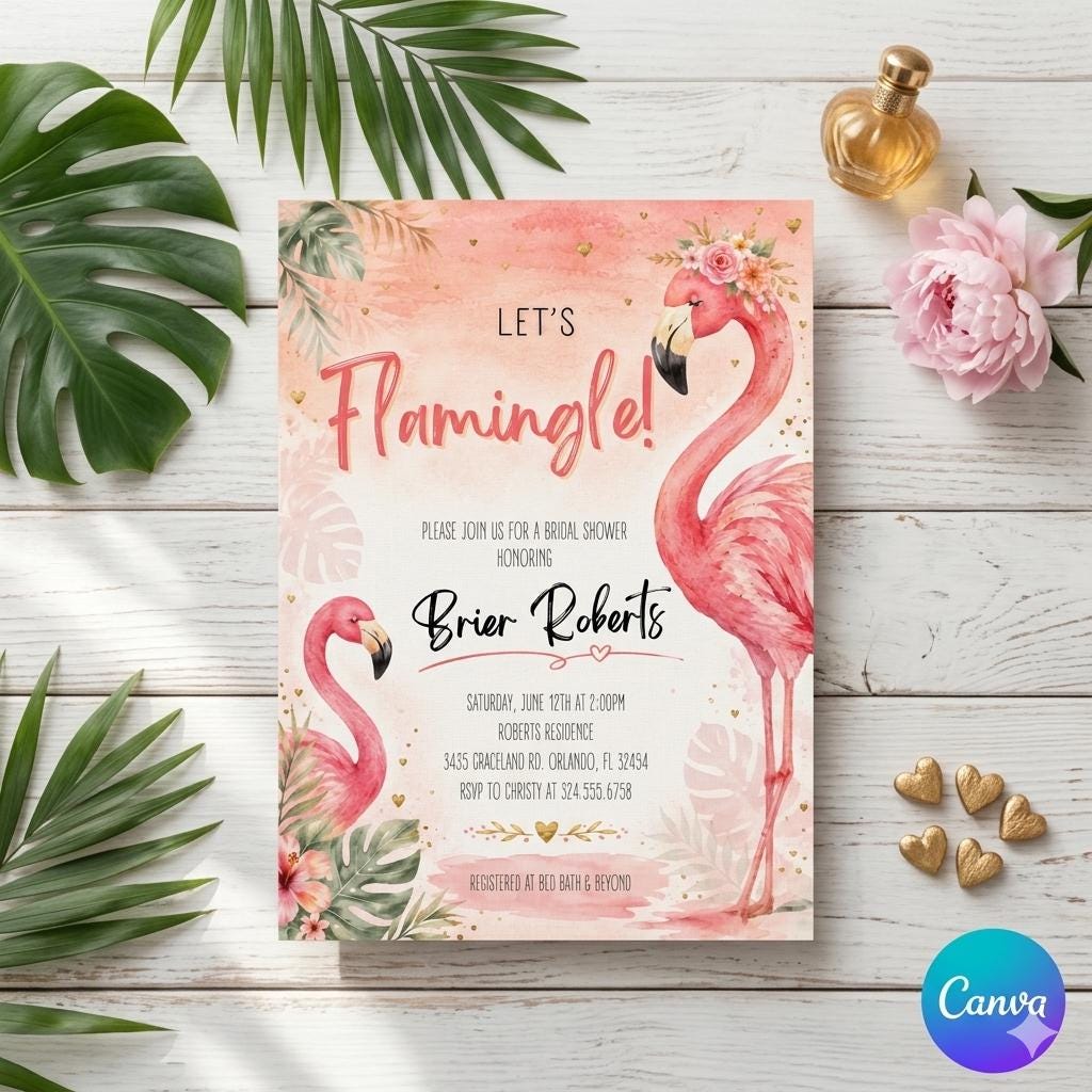 Flamingo Bridal Shower Invitation Template: Editable Tropical Party Invite (Digital Download)