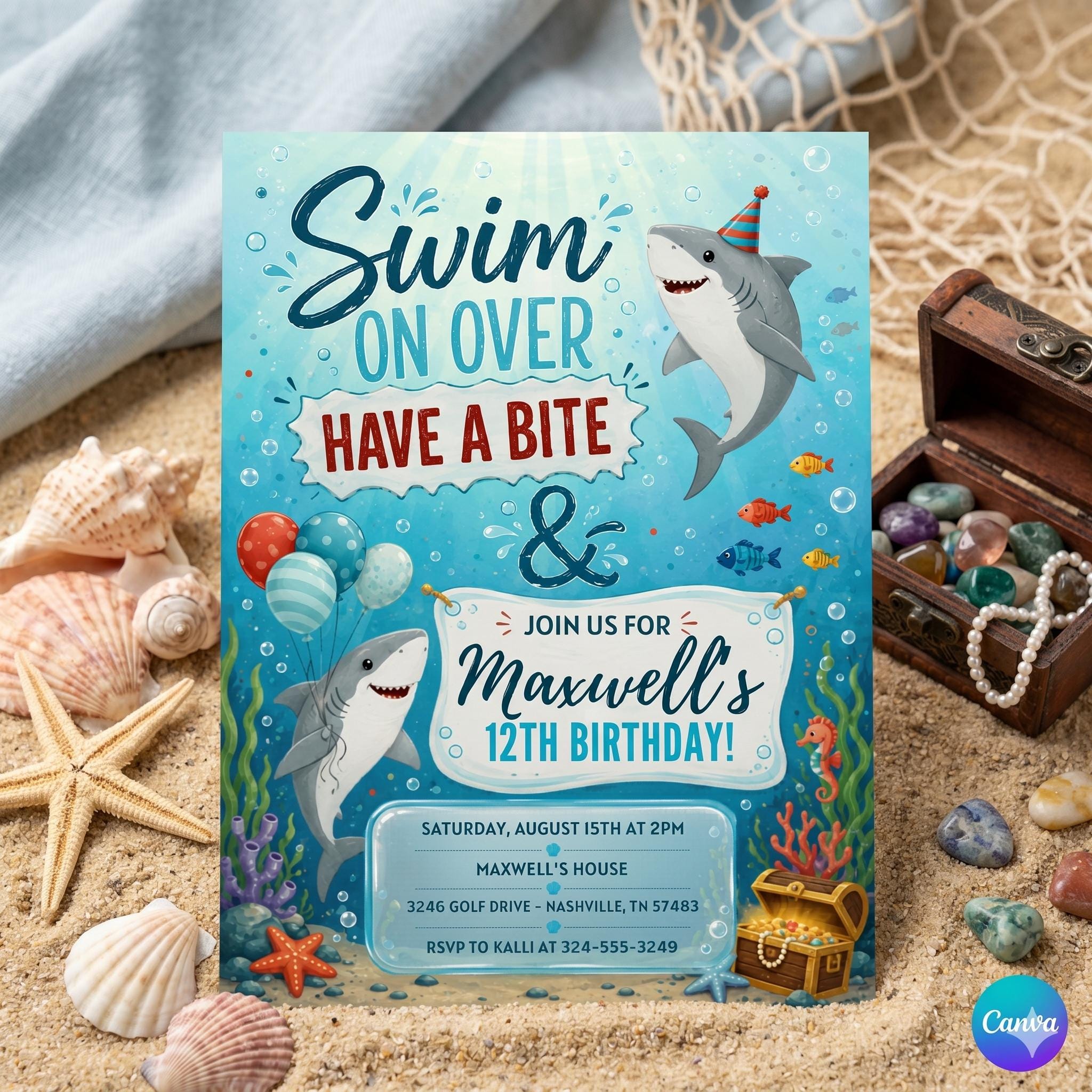 Shark Birthday Invitation: hark Birthday Invitation , Ocean Summer theme Editable Canva Template (Digital Download)