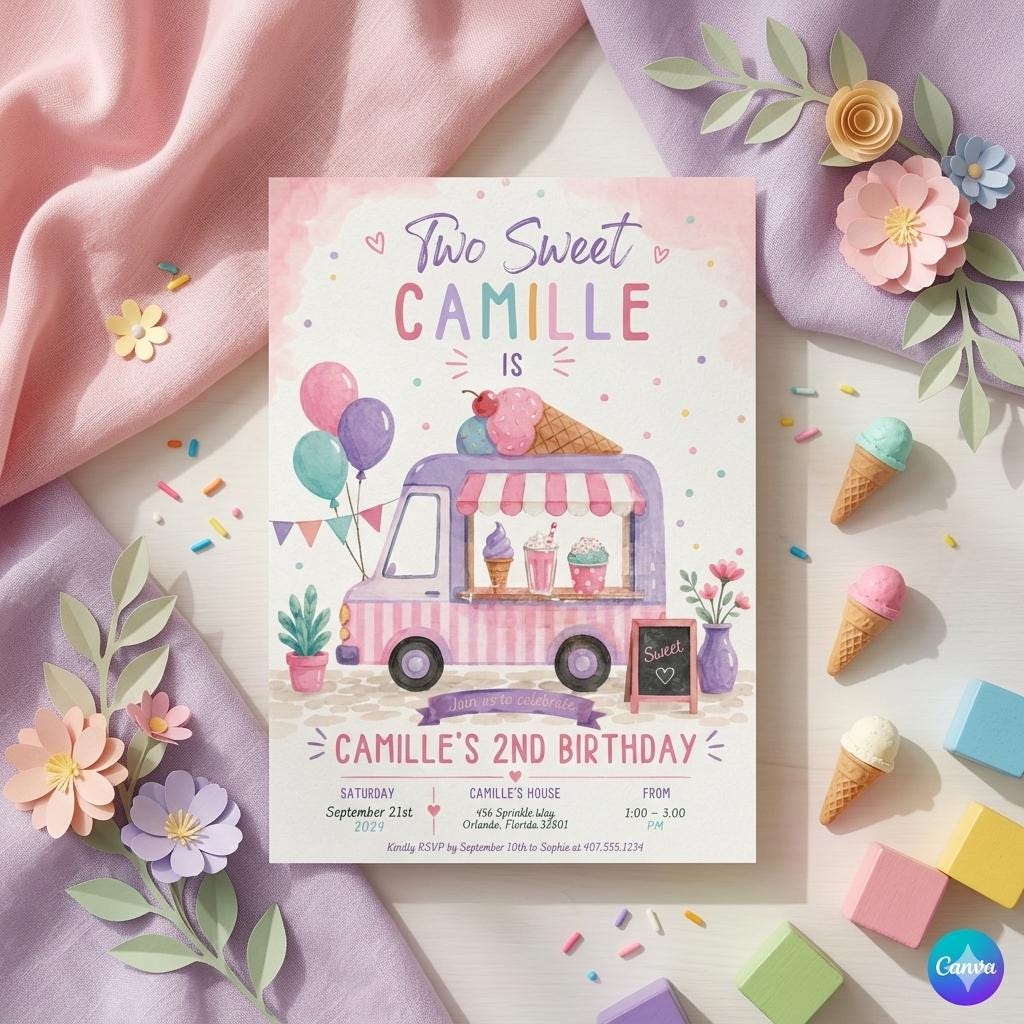 Ice Cream Truck Birthday Invitation Template, Here's The Scoop Birthday Invitation, Ice Cream Birthday, Summer Invite, Canva Template