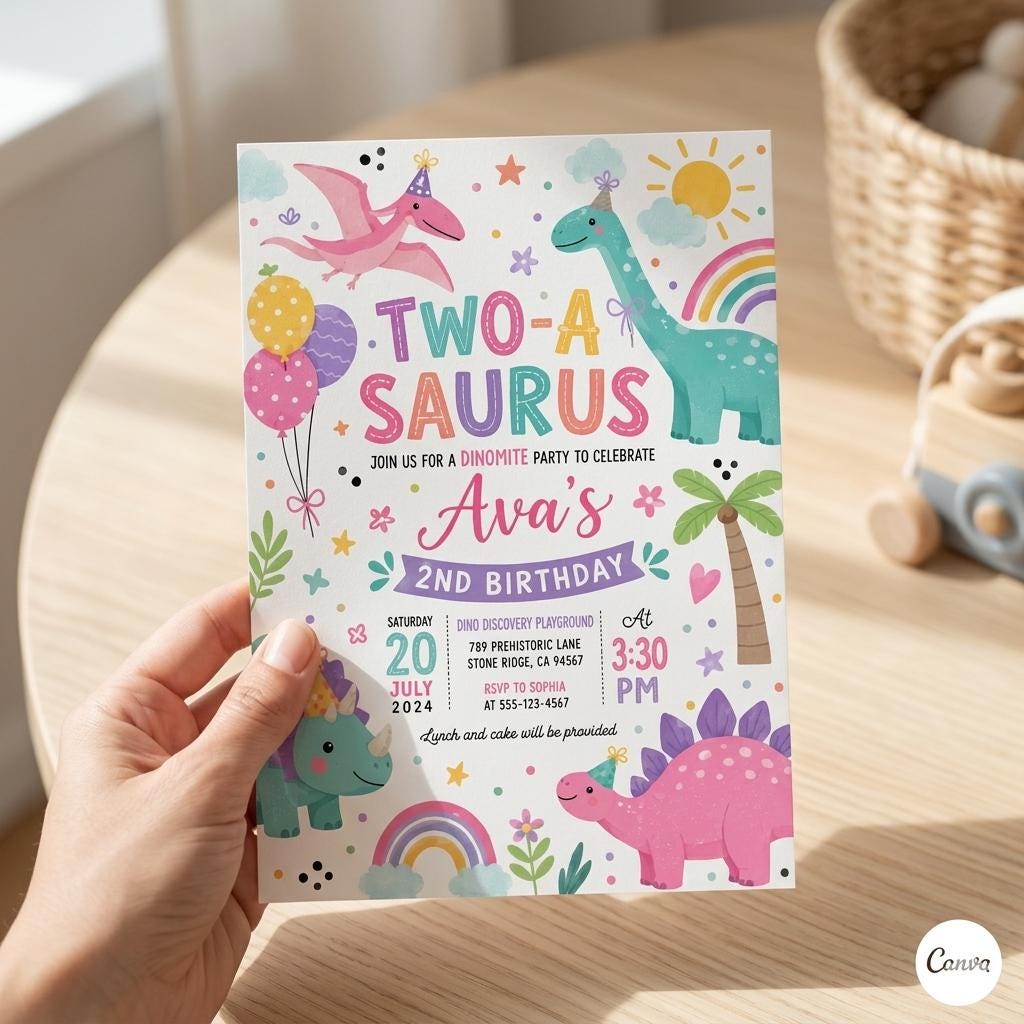 Five A-Saurus Birthday Invitation, Dinosaur Birthday Invitation, T-rex Birthday Invite, Dinosaur 5th Birthday Party Invite, Editable Canva