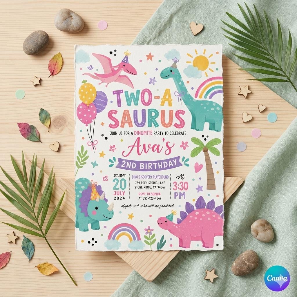 Five A-Saurus Birthday Invitation, Dinosaur Birthday Invitation, T-rex Birthday Invite, Dinosaur 5th Birthday Party Invite, Editable Canva