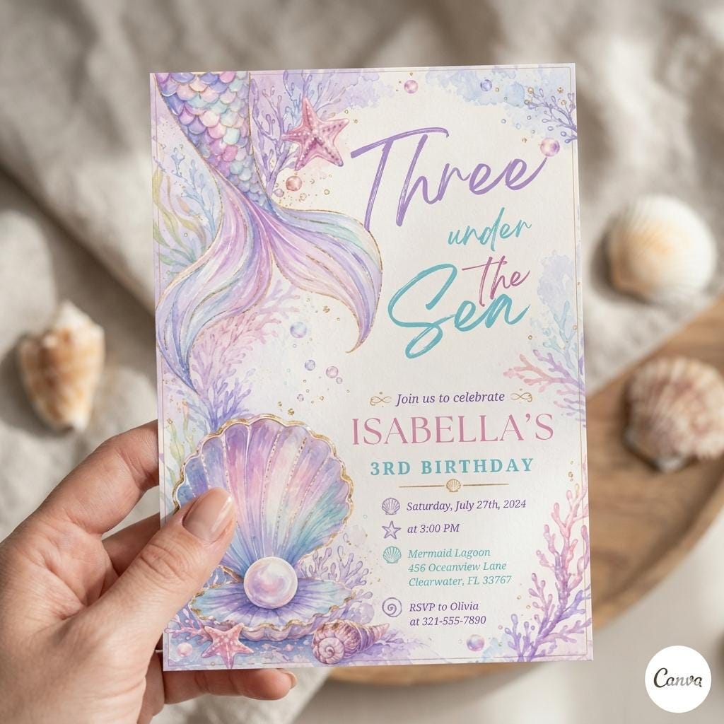 Mermaid Birthday Invitation Template: Three Under the Sea, Editable Canva Design (Digital Download)