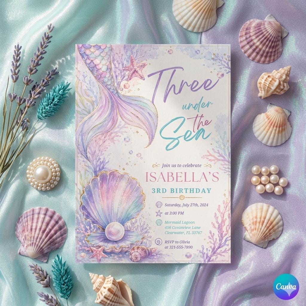 Mermaid Birthday Invitation Template: Three Under the Sea, Editable Canva Design (Digital Download)