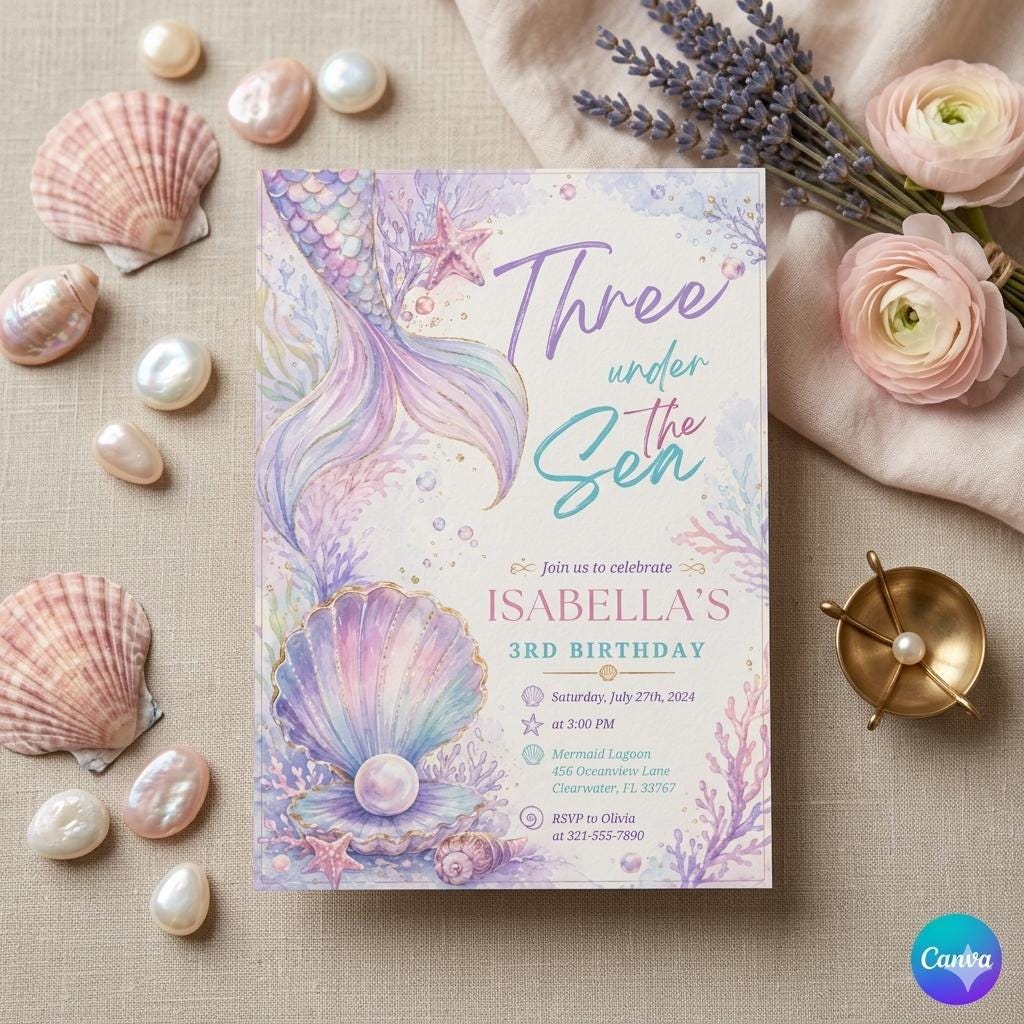 Mermaid Birthday Invitation Template: Three Under the Sea, Editable Canva Design (Digital Download)