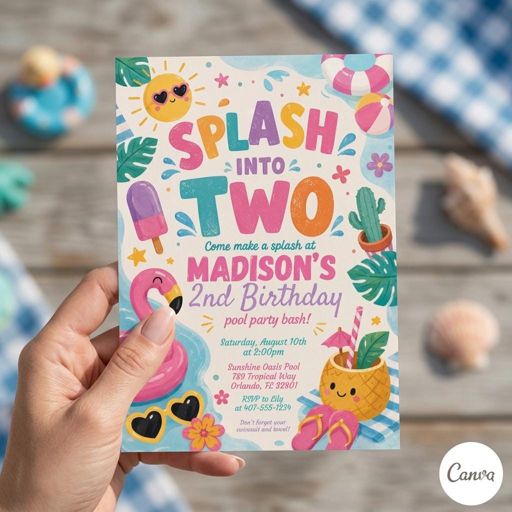 Editable Canva Birthday Invitation: Splash into Two Pool Party (Digital Download)