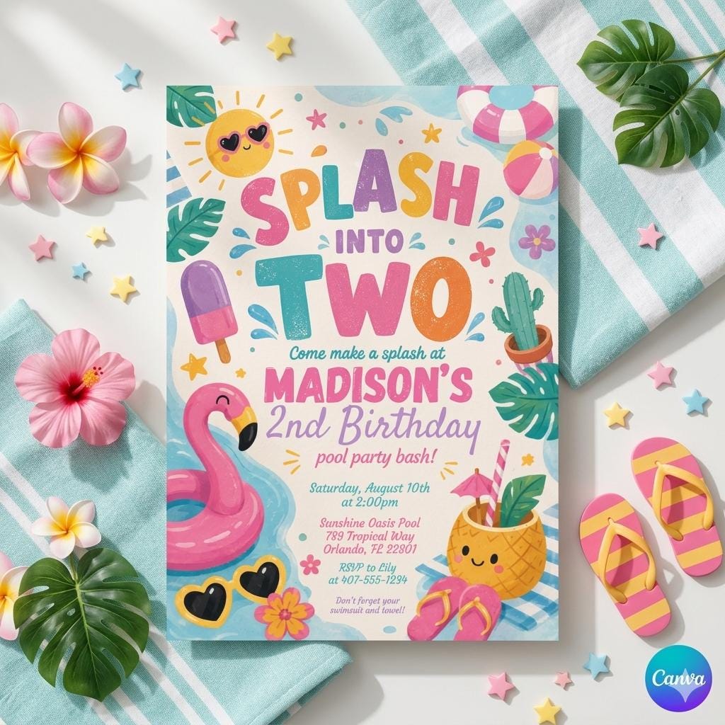 Editable Canva Birthday Invitation: Splash into Two Pool Party (Digital Download)