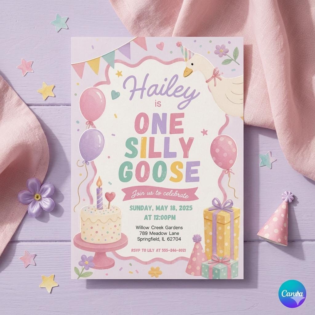 One Silly Goose First Birthday Invitation , Colorful Goose Birthday Invite , Editable One Silly Goose Party , Boy or Girl 1st Birthday