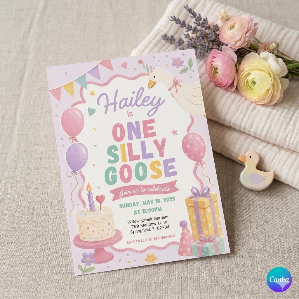 One Silly Goose First Birthday Invitation , Colorful Goose Birthday Invite , Editable One Silly Goose Party , Boy or Girl 1st Birthday