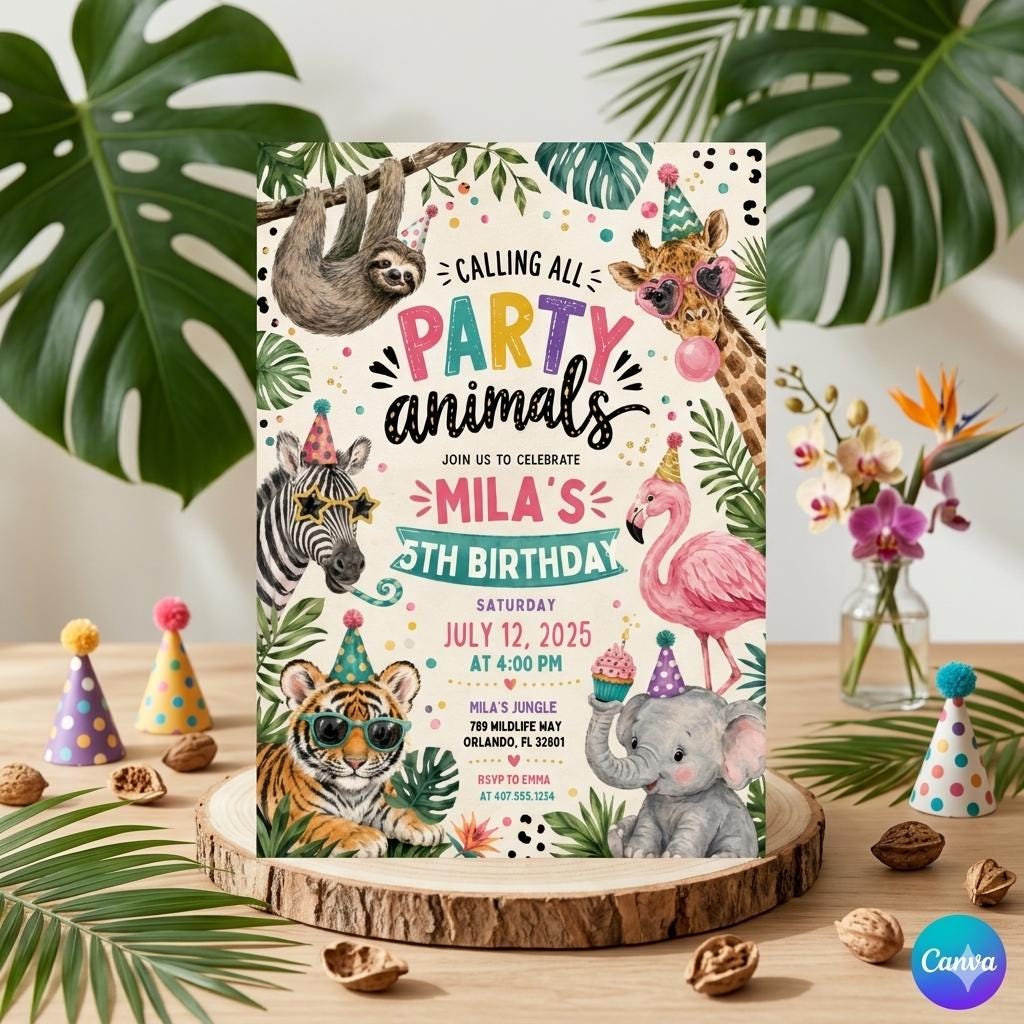Editable Jungle Safari 4th invitation, Four Ever Wild Birthday, Safari 4th Birthday Invite Girl, Jungle Animal, Canva Template Printable