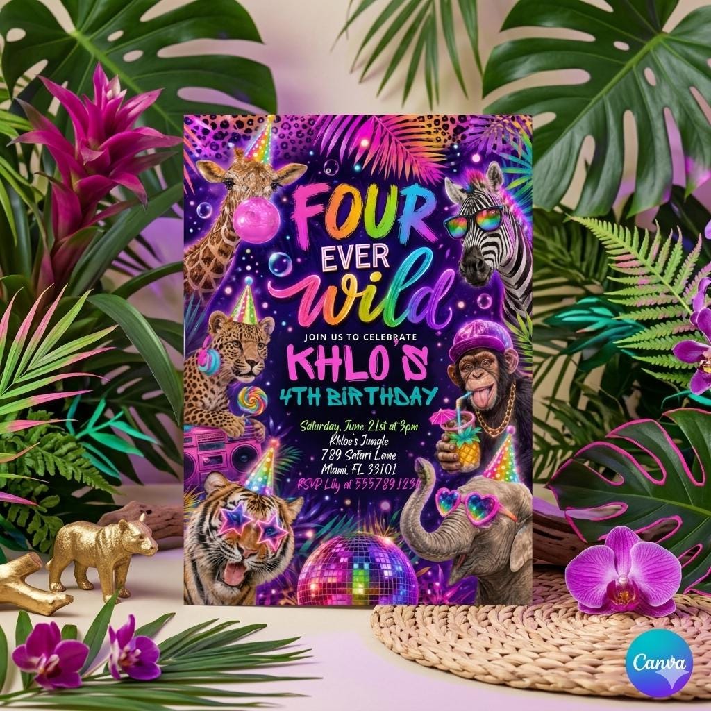 Editable Four Ever Wild Safari Animals 4th Birthday Invitation Neon Rainbow Cheetah Print Leopard Print Safari Party Download