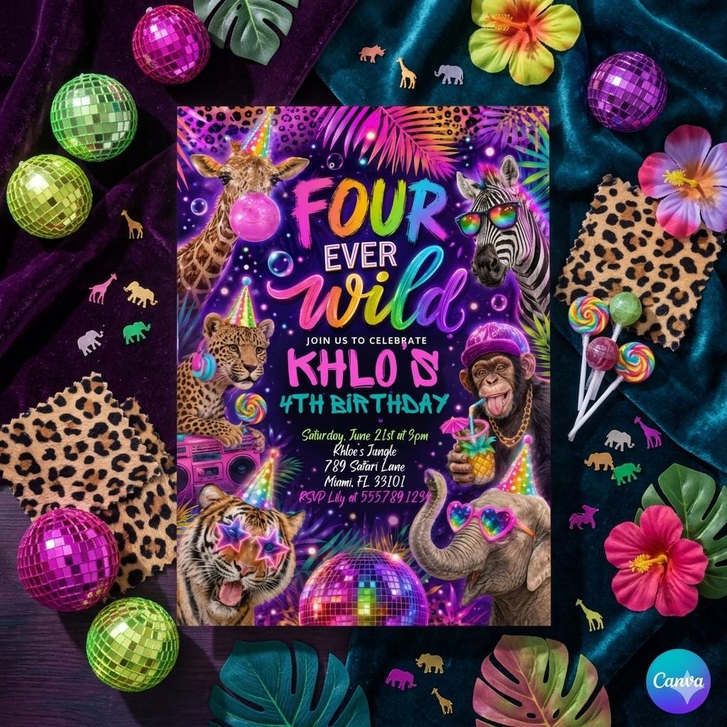 Editable Four Ever Wild Safari Animals 4th Birthday Invitation Neon Rainbow Cheetah Print Leopard Print Safari Party Download