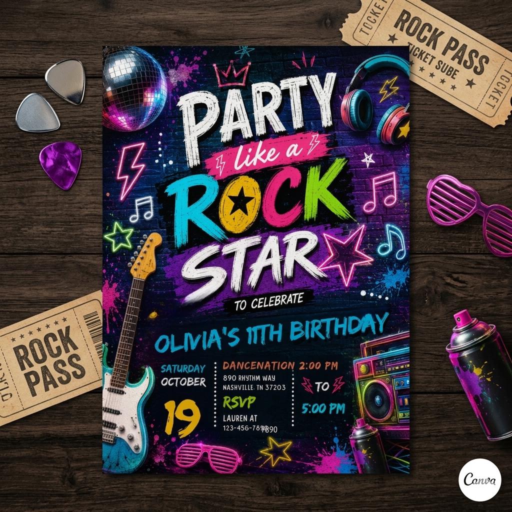 Editable Rock Star Birthday Party Invitation Neon Glow Party Like A Rockstar Birthday Neon Glow Singing Music Party