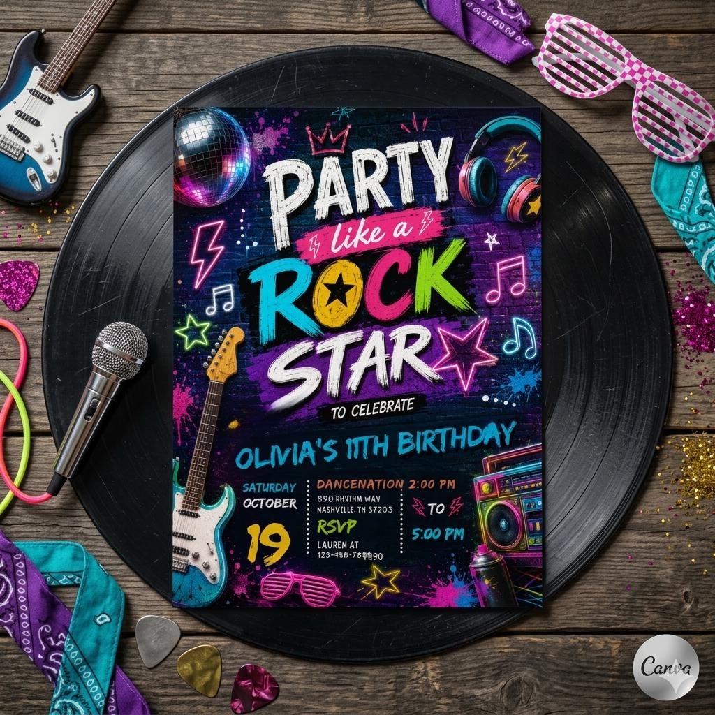 Editable Rock Star Birthday Party Invitation Neon Glow Party Like A Rockstar Birthday Neon Glow Singing Music Party