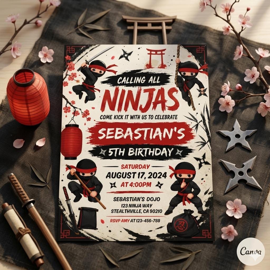 Ninja Birthday Invitation , Karate Boys Party Invite , Editable Ninja Canva Template , Digital Download
