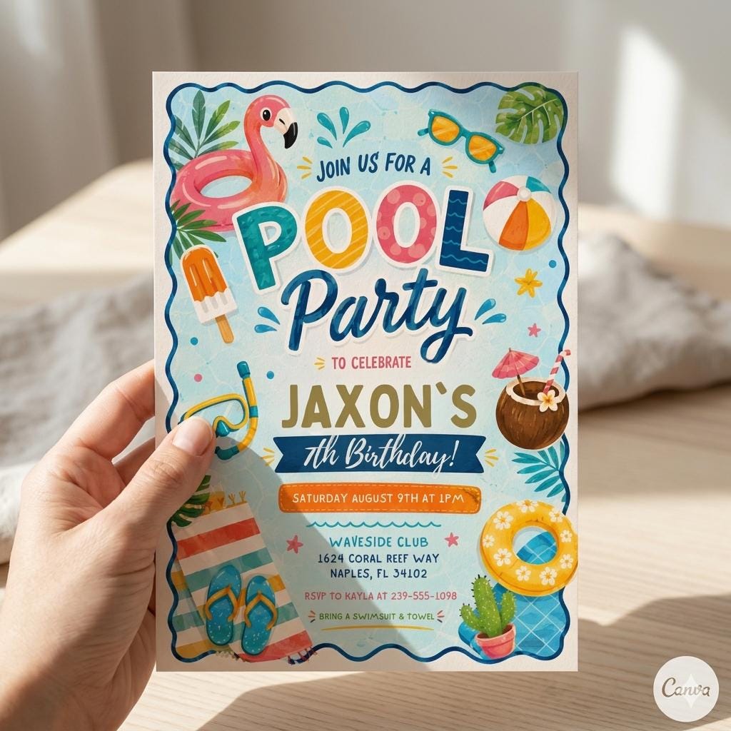 Editable Pool Party Birthday Invitation Boy Summer Pool Party Invite