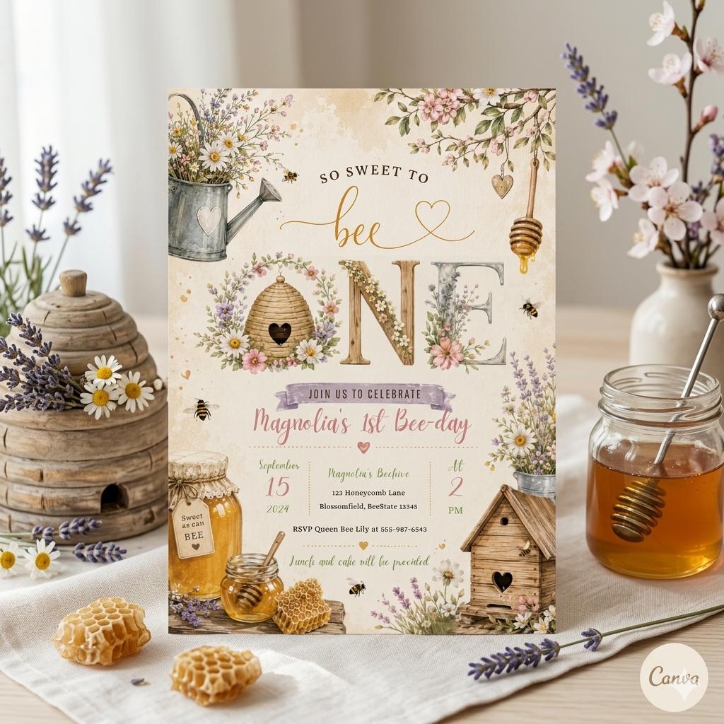 Editable Bee Birthday Invitation So Sweet To Bee One Birthday Wildflower Daisy Meadow Honey Bee Bumble Bee 1st Birthday