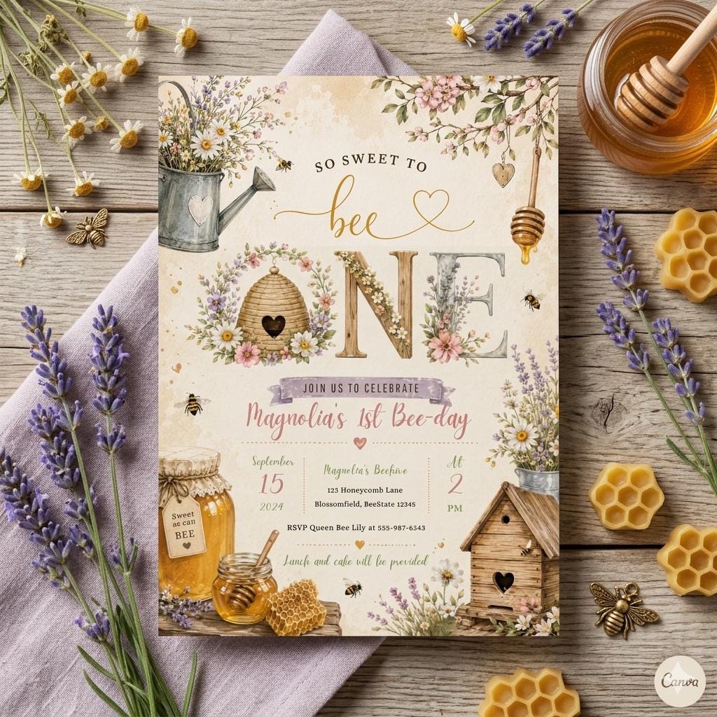 Editable Bee Birthday Invitation So Sweet To Bee One Birthday Wildflower Daisy Meadow Honey Bee Bumble Bee 1st Birthday