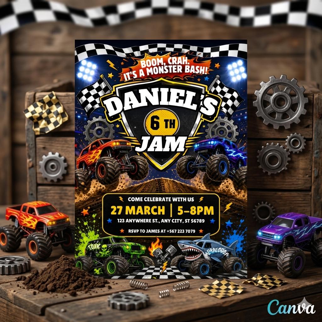 Monster Truck Birthday Invitation, Editable Boom Crash Monster, Bash Printable Invite, Trucks Birthday Template Boys Jam, any age, Canva