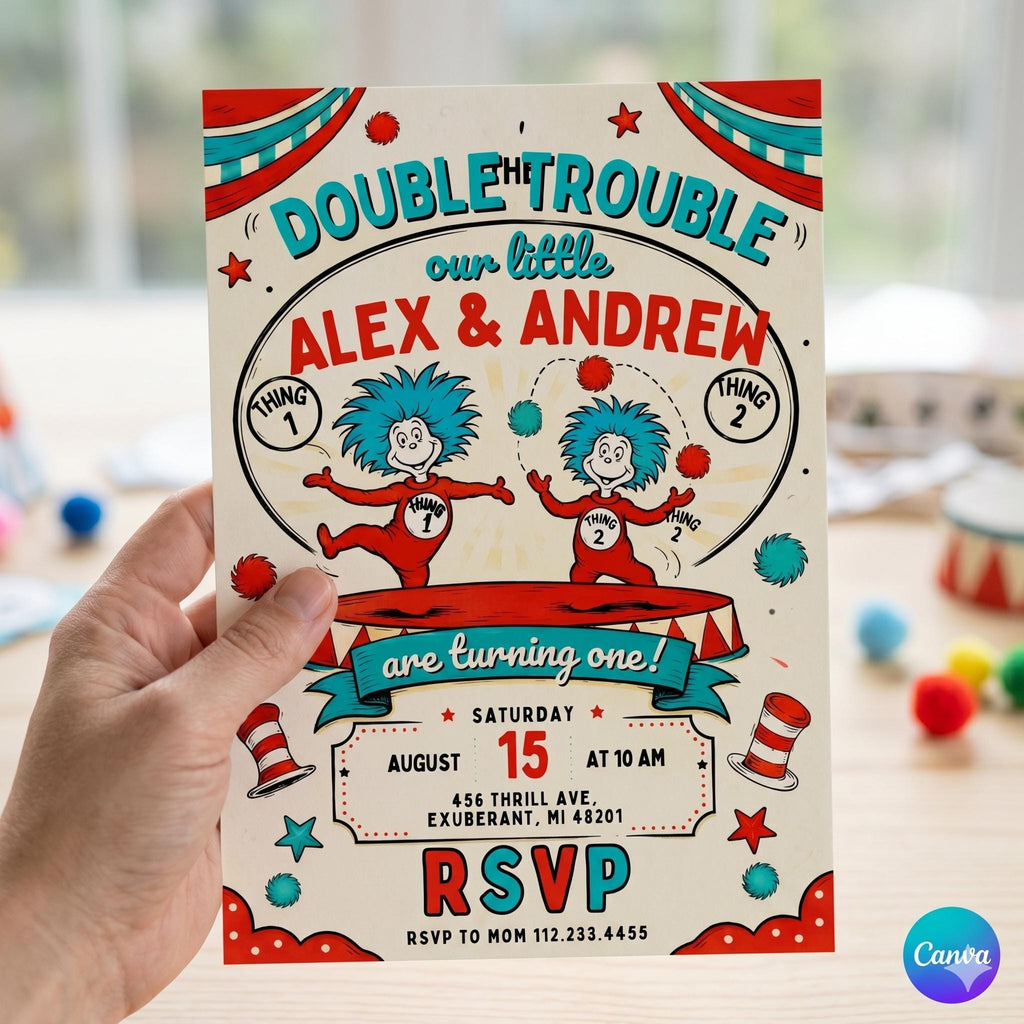 Dr Seuss Twins Birthday Invitation, Editable Fairytale Party Invite (Digital)