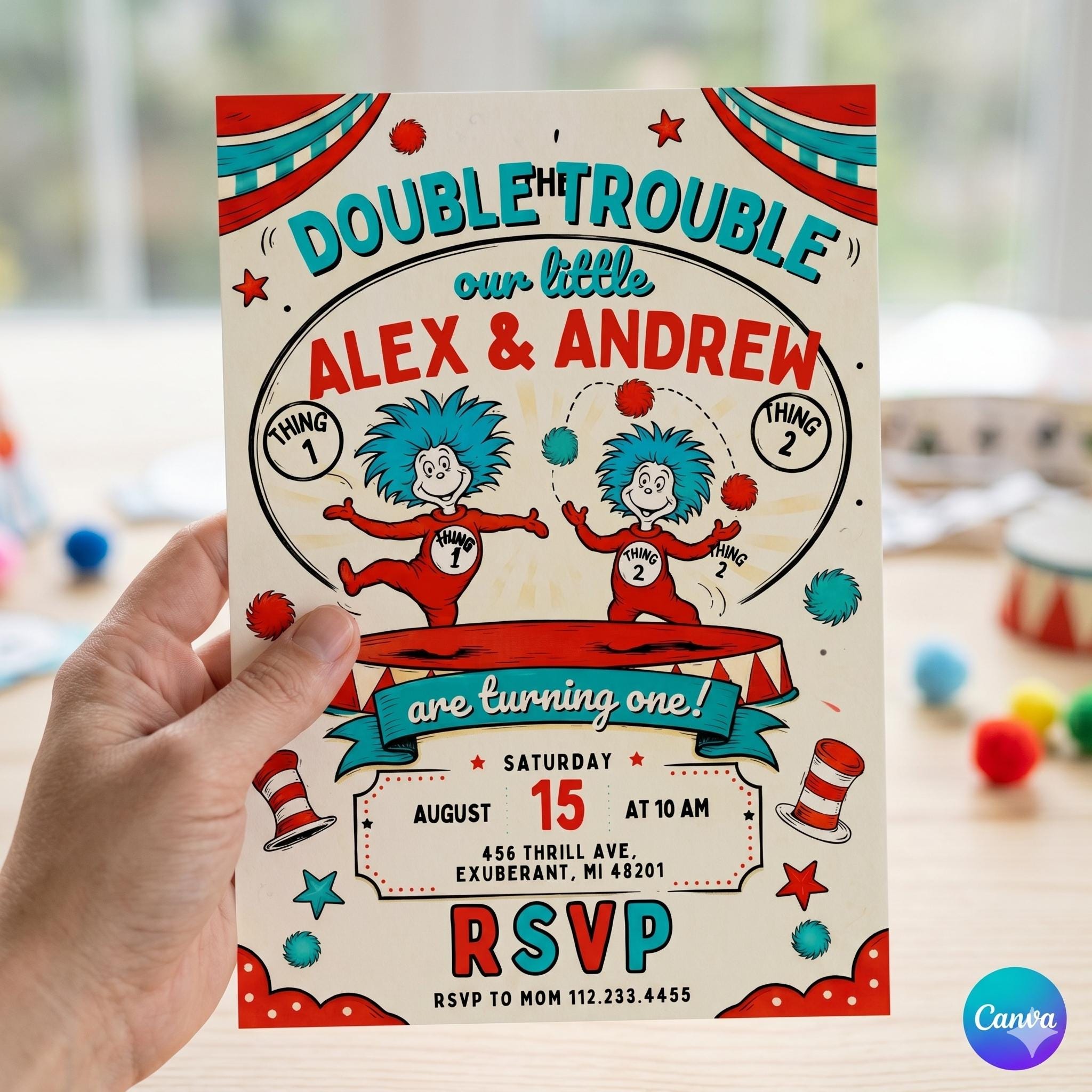 Dr Seuss Twins Birthday Invitation, Editable Fairytale Party Invite (Digital)