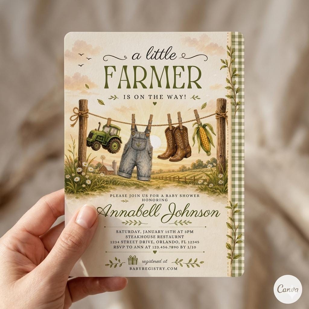 Little Farmer Baby Shower Invitation – A Little Farmer is on the Way, Farming Baby Shower Invite (Digital Download)