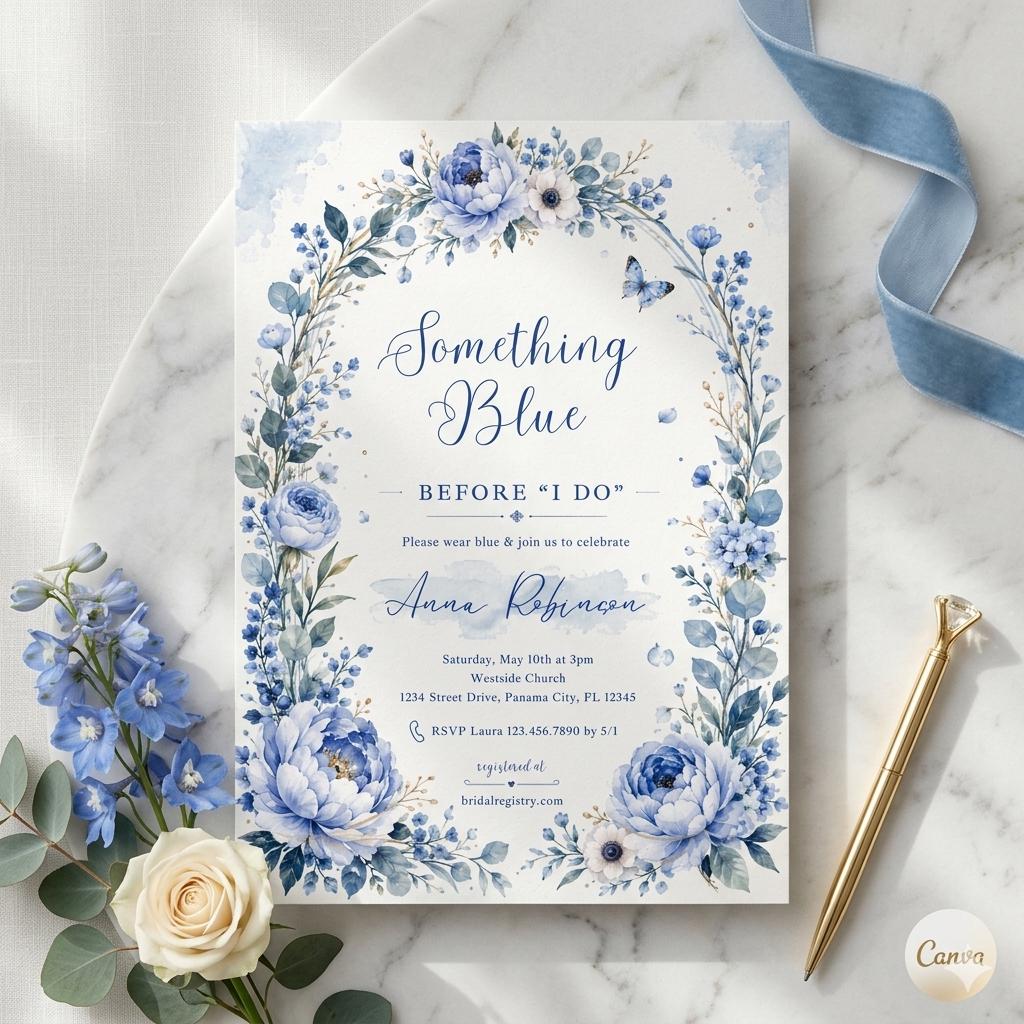 Blue Floral Bridal Shower , Something Blue Before I Do Bridal Shower Invitation (Digital Download)
