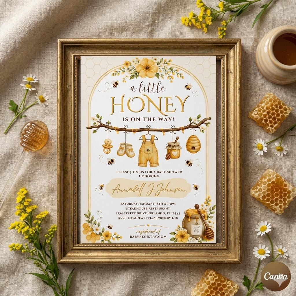 Bee Baby Shower Invitation, A Little Honey Is On The Way Invitation Baby Shower Invitation, Instant Editable Template(Digital Download)