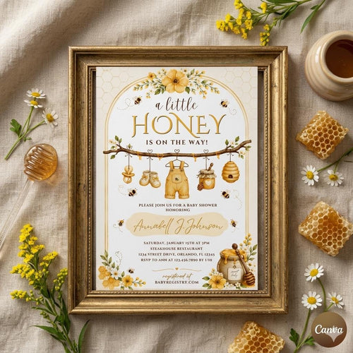 Bee Baby Shower Invitation, A Little Honey Is On The Way Invitation Baby Shower Invitation, Instant Editable Template(Digital Download)