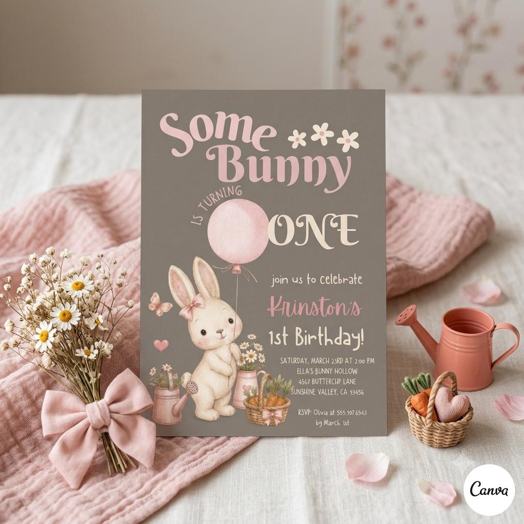 Some Bunny is Turning One Birthday Invitation , Bunny Birthday Party, Girls 1st Birthday, Spring Girls Birthday Party (Digital Download)