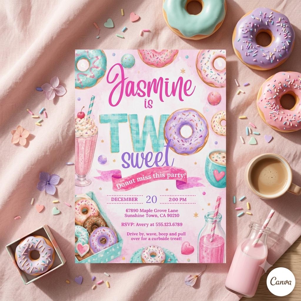 Editable Donut Birthday Invitation: Two Sweet Invitation, 2nd Birthday Invitation, Two Year Dessert , Candy Sweets Invite (Digital Download)