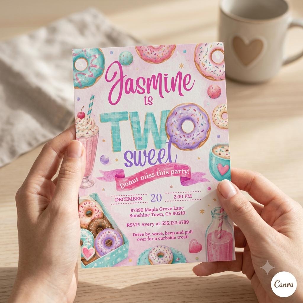 Editable Donut Birthday Invitation: Two Sweet Invitation, 2nd Birthday Invitation, Two Year Dessert , Candy Sweets Invite (Digital Download)