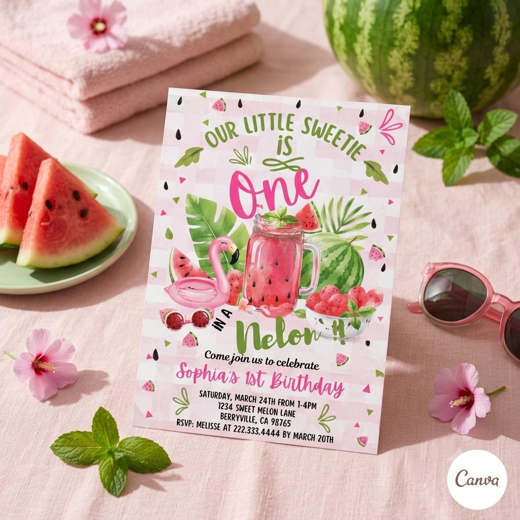 Watermelon Flamingo 1st Birthday , Watermelon Theme Party , Summer Celebration , Editable Canva Invite (Digital Download)
