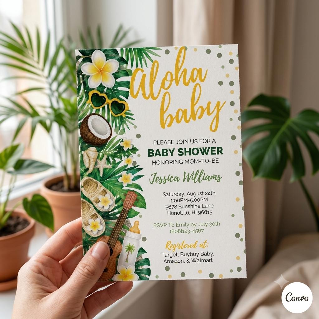 Editable Aloha Baby Shower Invitation Template , Printable Luau Party Invitation, Tropical Summer Theme Card (Digital Download)