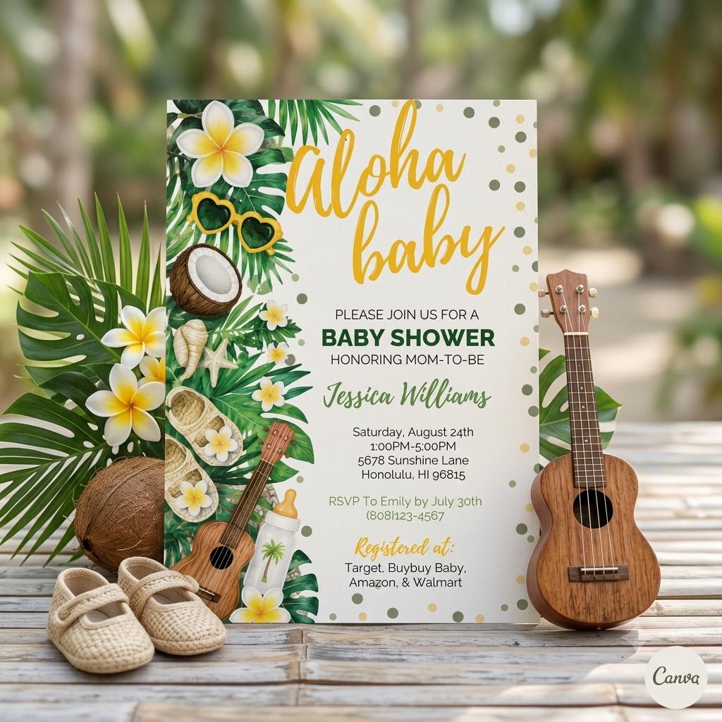 Editable Aloha Baby Shower Invitation Template , Printable Luau Party Invitation, Tropical Summer Theme Card (Digital Download)