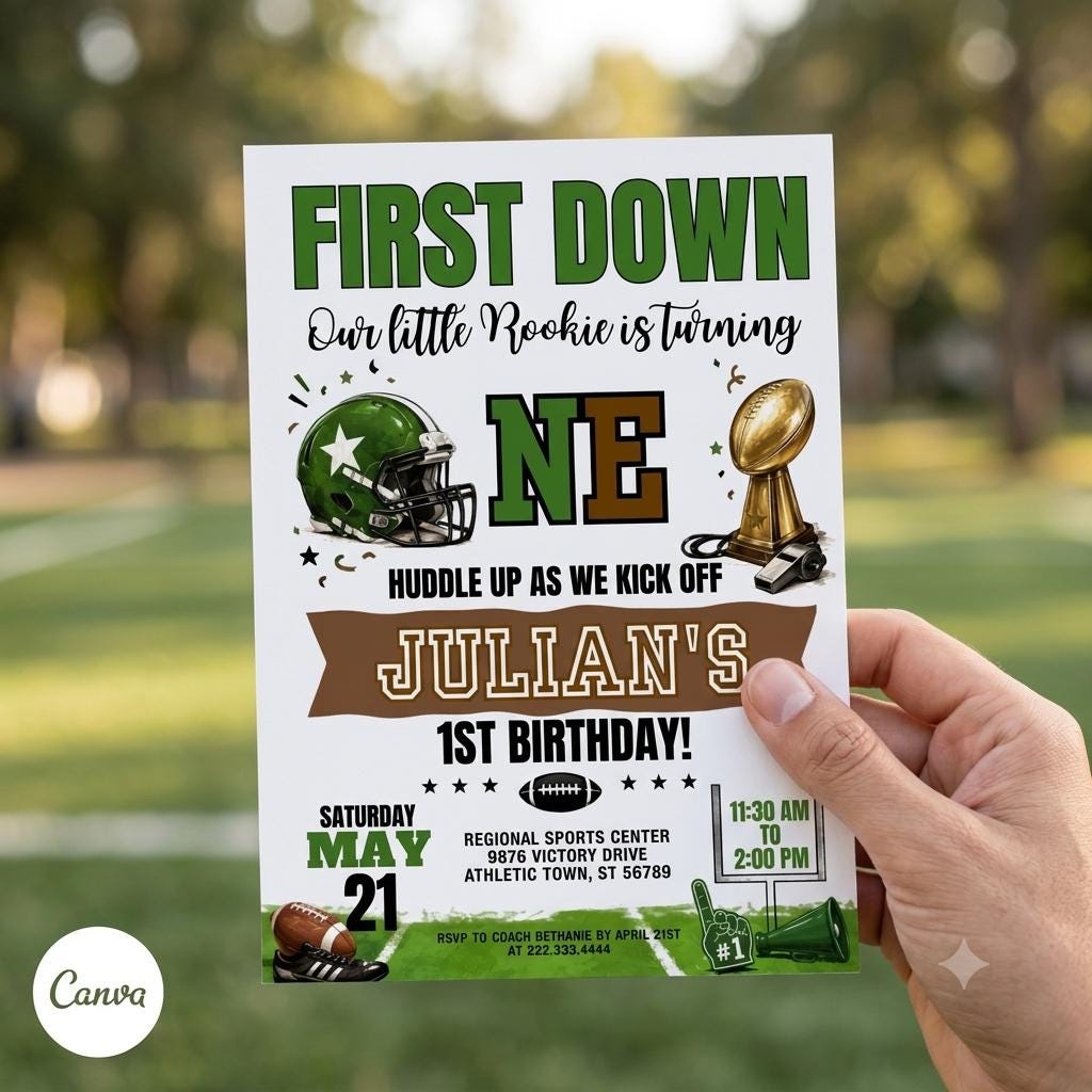 Football 1st Birthday Invitation Template: Julian's Rookie Party (Digital Download)