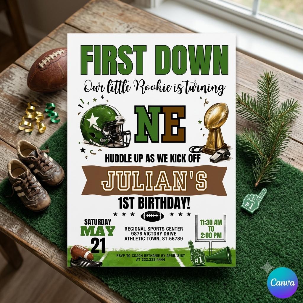 Football 1st Birthday Invitation Template: Julian's Rookie Party (Digital Download)