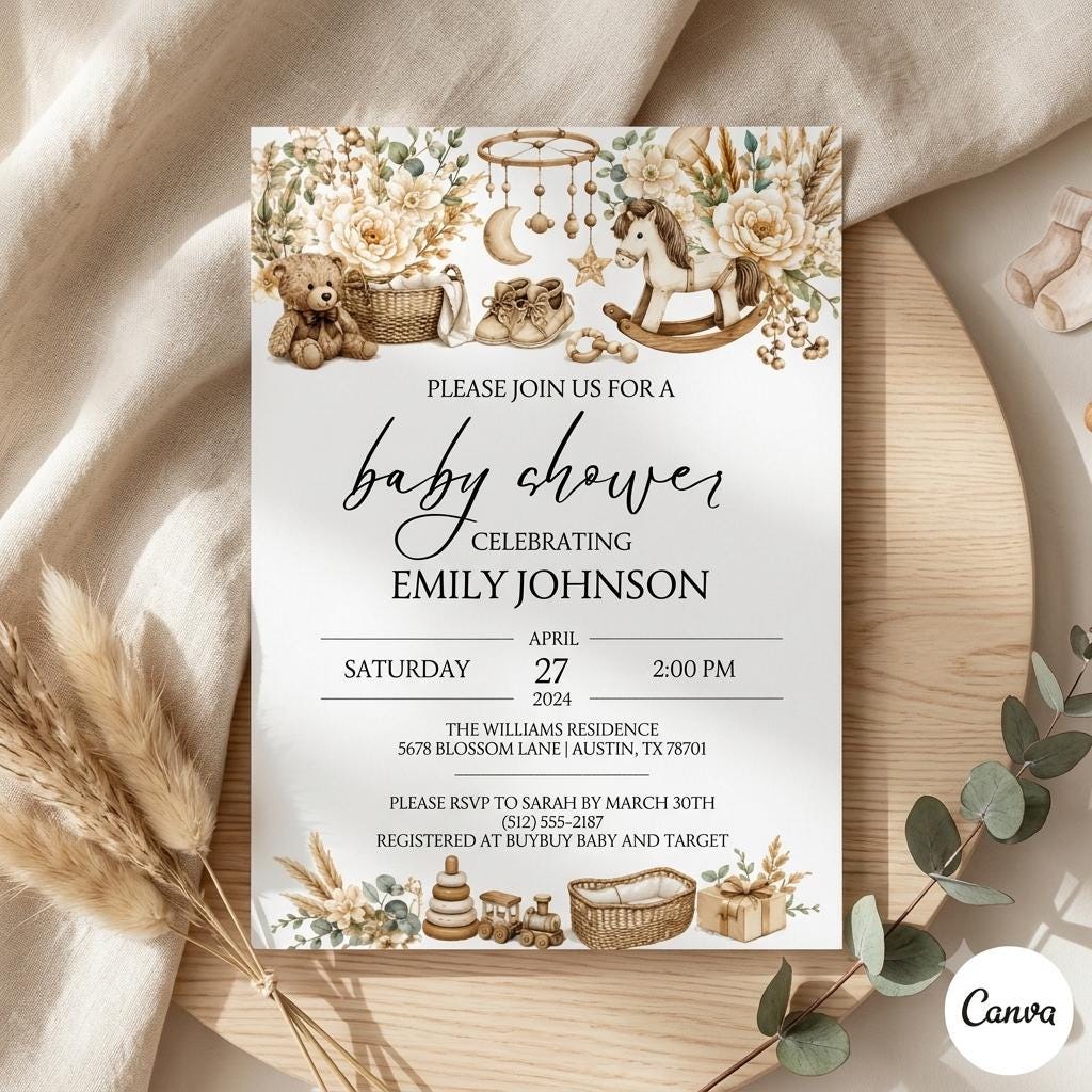 Editable Baby Shower Invitation Template: Boho Floral Design (Digital Download)