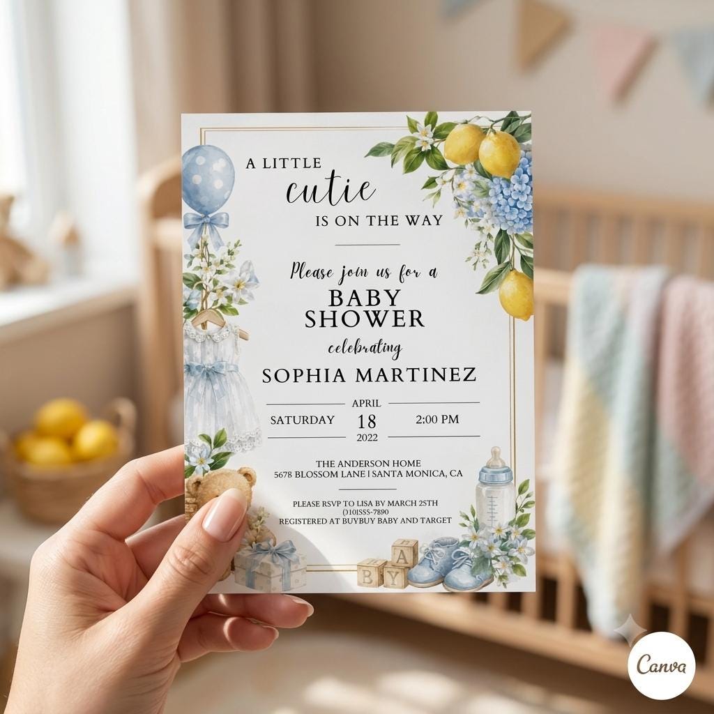 A Little Cutie is on the way Baby Shower Invitation, Orange Citrus Invite, Digital or Print Editable Template