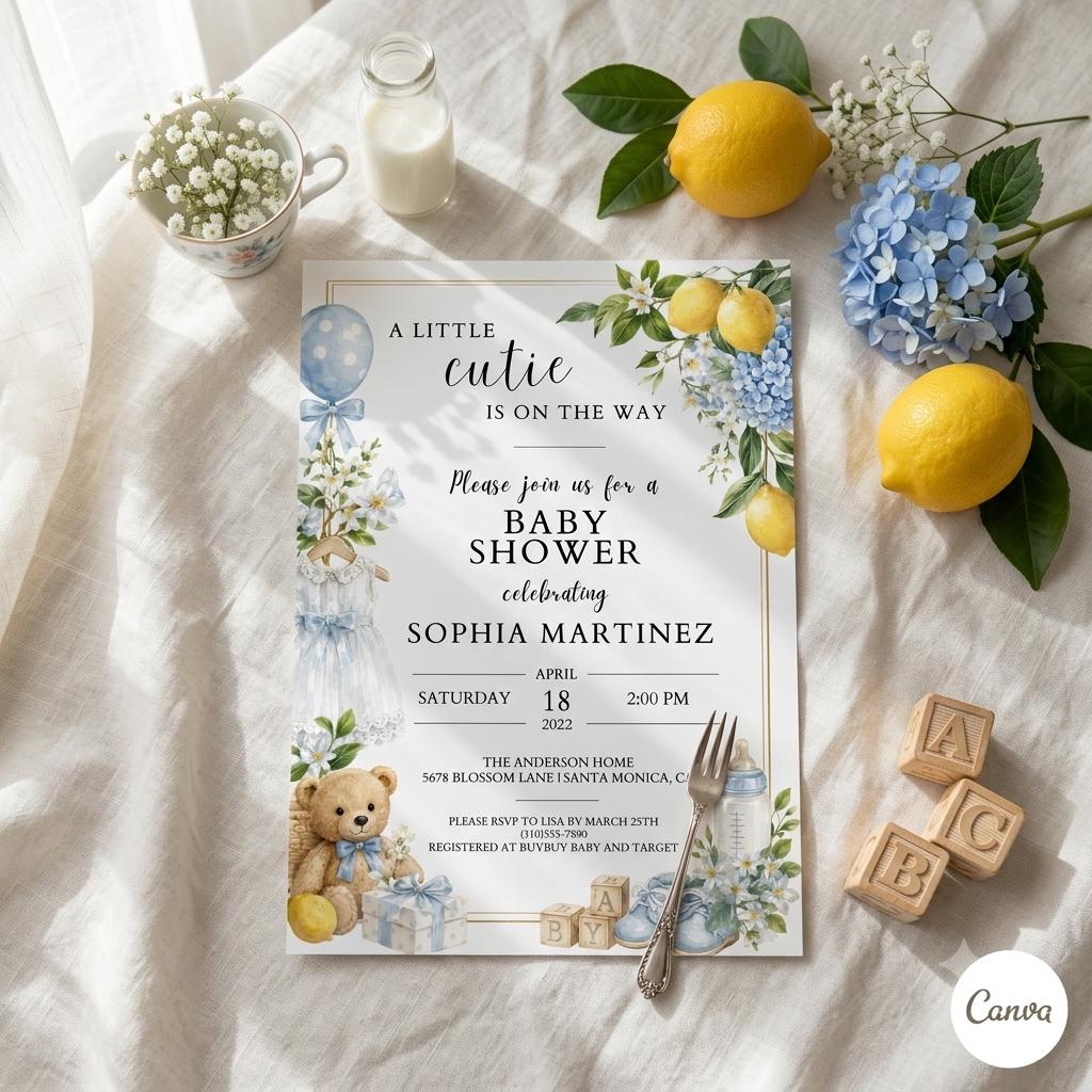 A Little Cutie is on the way Baby Shower Invitation, Orange Citrus Invite, Digital or Print Editable Template