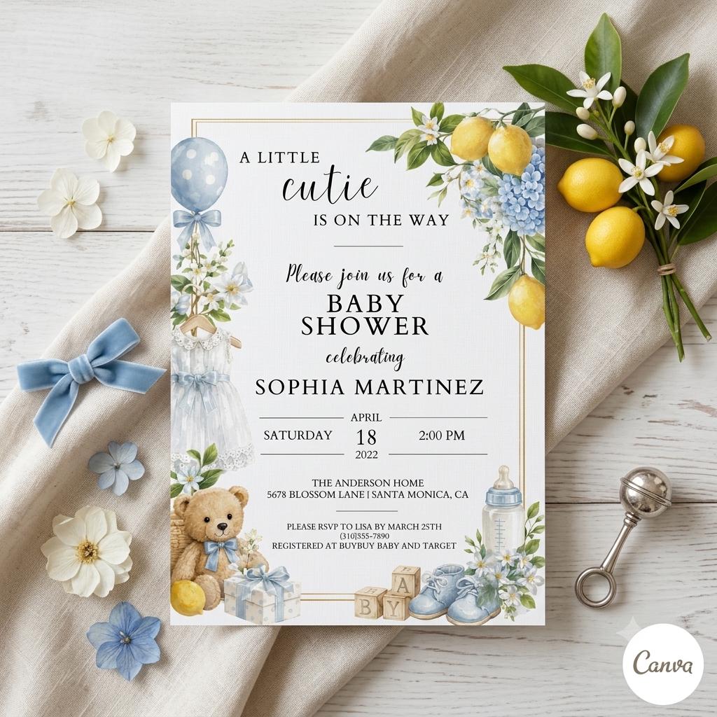 A Little Cutie is on the way Baby Shower Invitation, Orange Citrus Invite, Digital or Print Editable Template