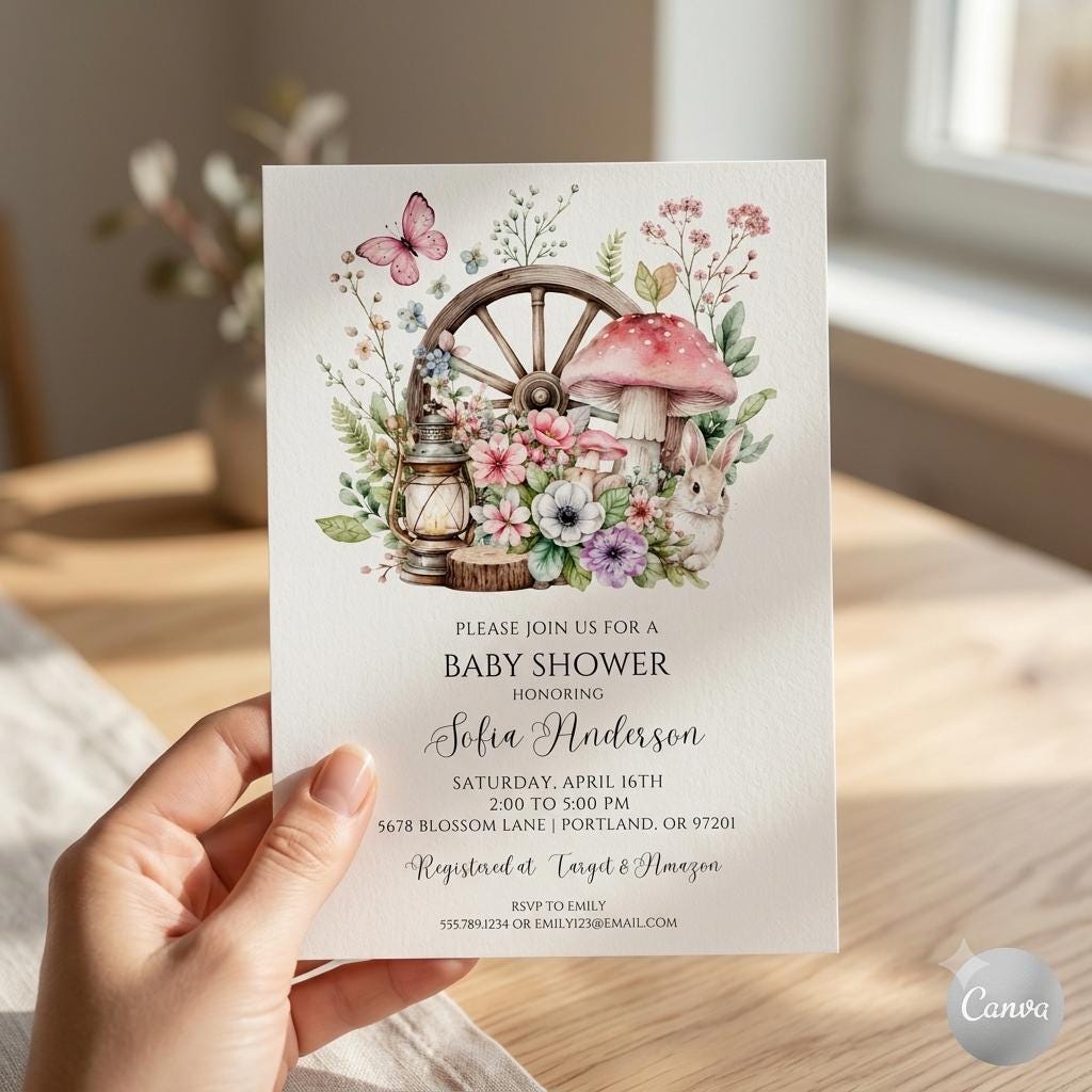 Woodland Baby Shower Invitation Template: Mushroom Baby Shower Invitation, Mushroom Baby Shower Invitation (Digital Download)