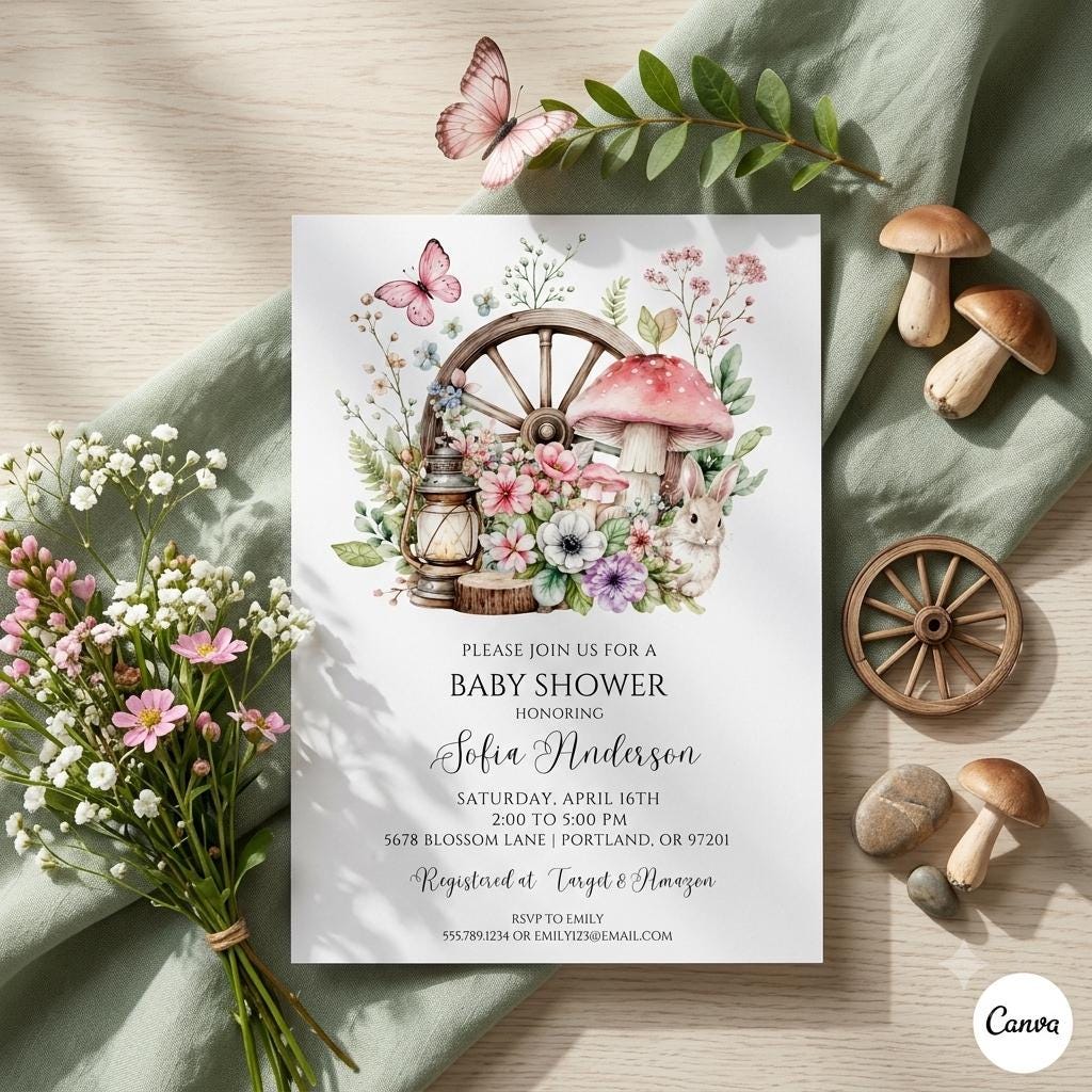 Woodland Baby Shower Invitation Template: Mushroom Baby Shower Invitation, Mushroom Baby Shower Invitation (Digital Download)