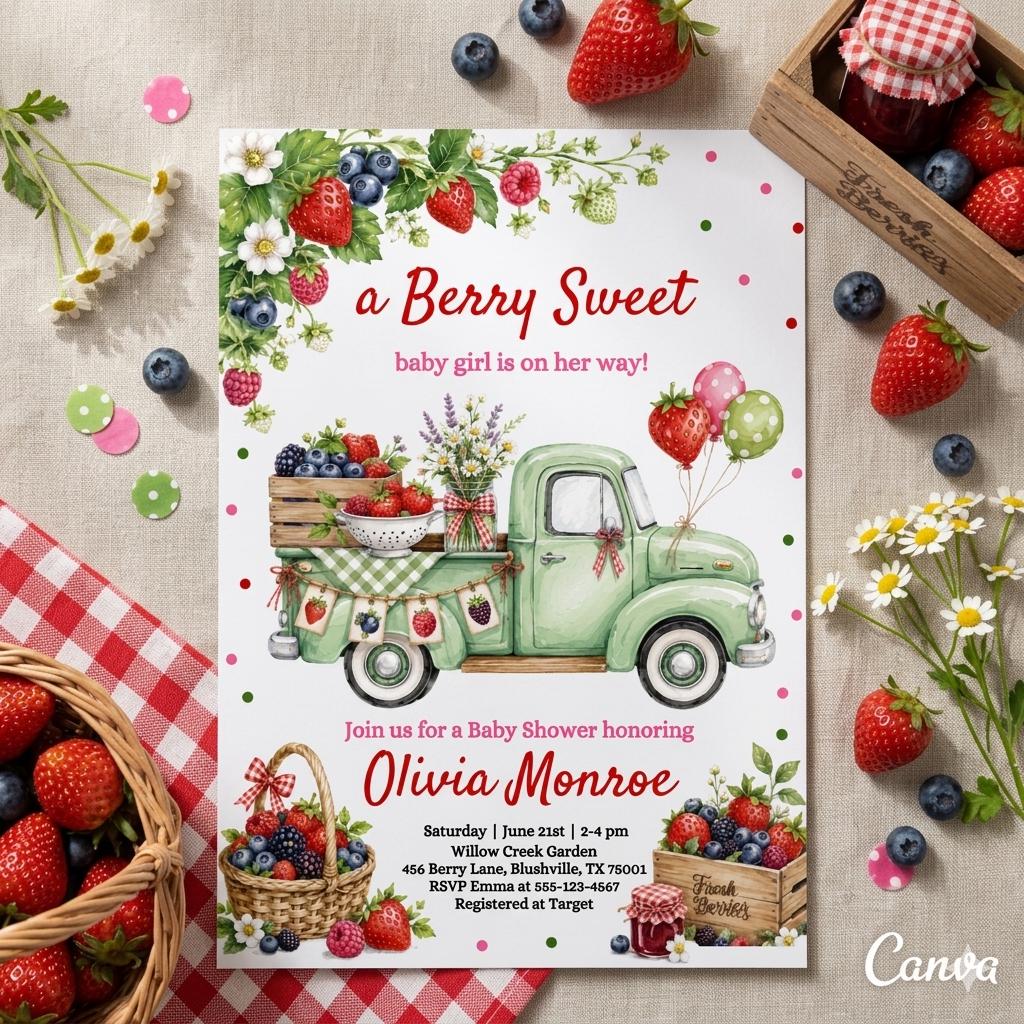 Baby Shower Invitation: Berry Sweet Theme ة Strawberry Baby Shower Invite, Girl Baby Shower (Digital Download)