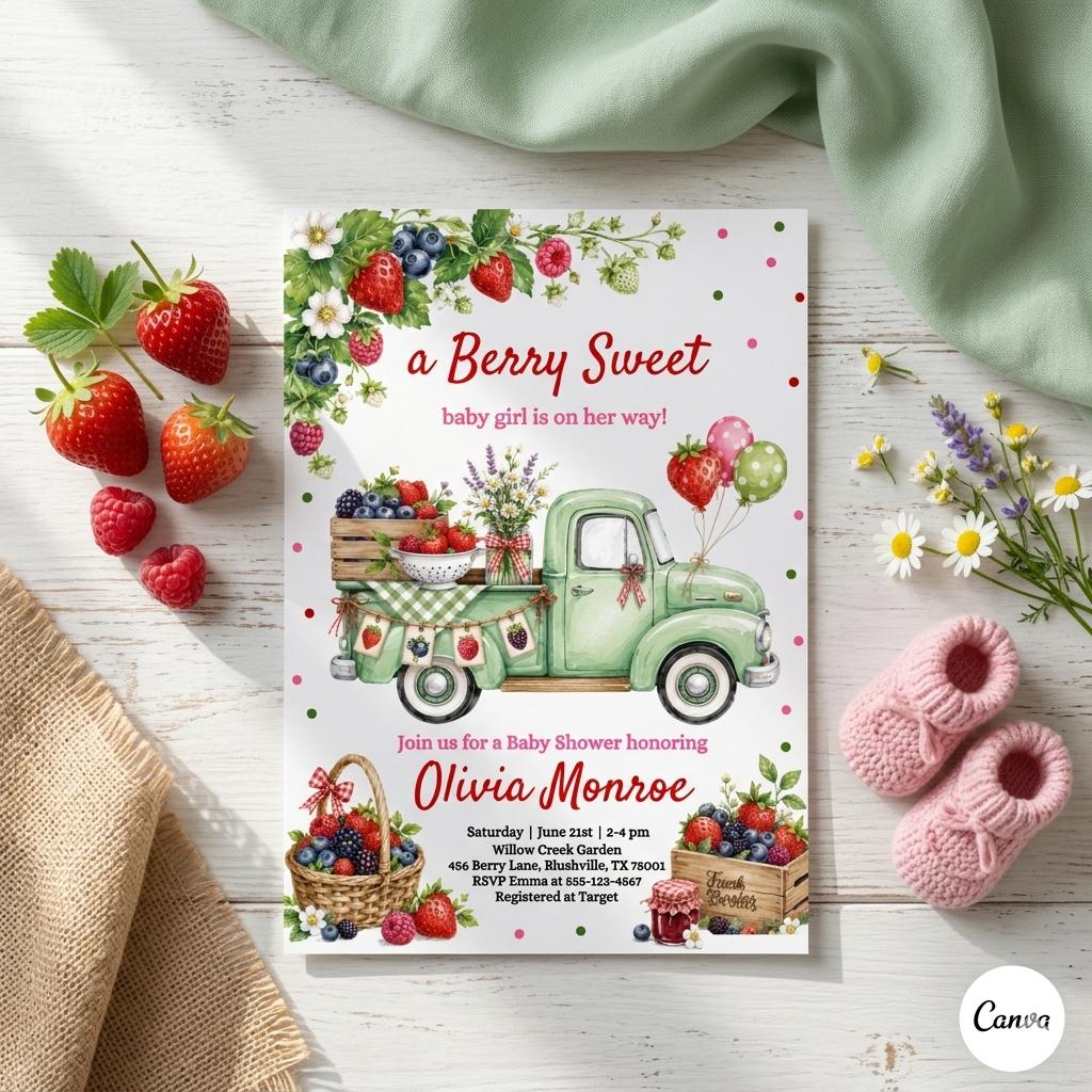 Baby Shower Invitation: Berry Sweet Theme ة Strawberry Baby Shower Invite, Girl Baby Shower (Digital Download)