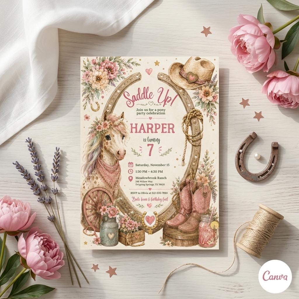Cowgirl Pony Party Invitation: Editable Western Birthday Template (Digital Download)