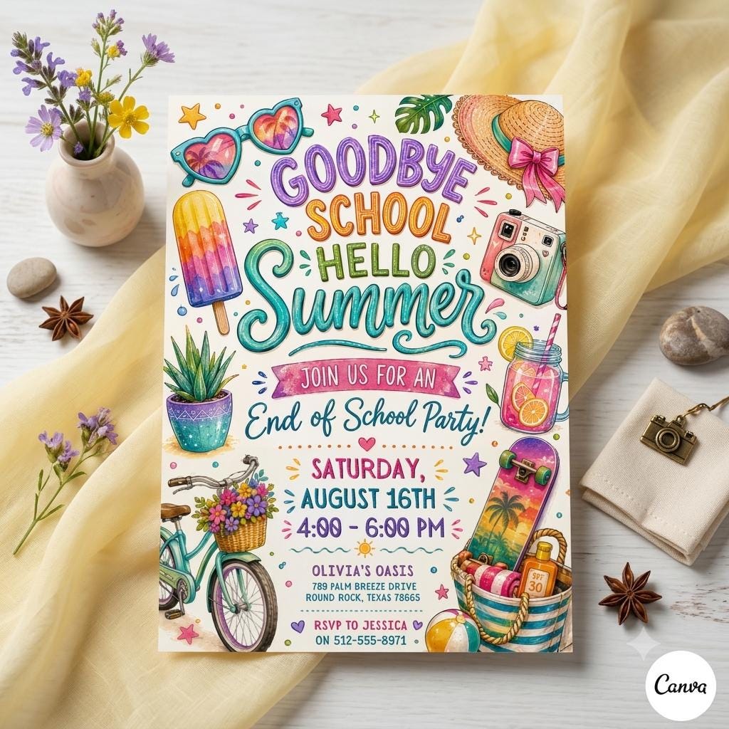 End of School Party : Summer Party Invitation Goodbye School Hello Summer Editable Kids Template (Digital Download)