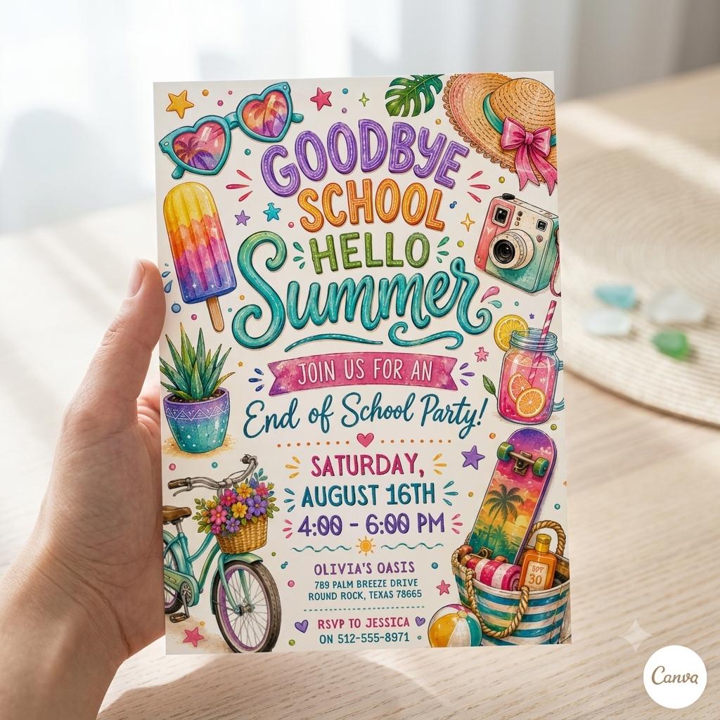 End of School Party : Summer Party Invitation Goodbye School Hello Summer Editable Kids Template (Digital Download)