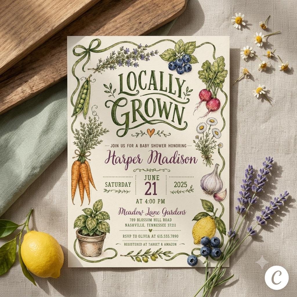 Locally Grown Baby Shower Invitation , Farmers Market, Gender Neutral Theme , Editable Canva Template [Digital Download]