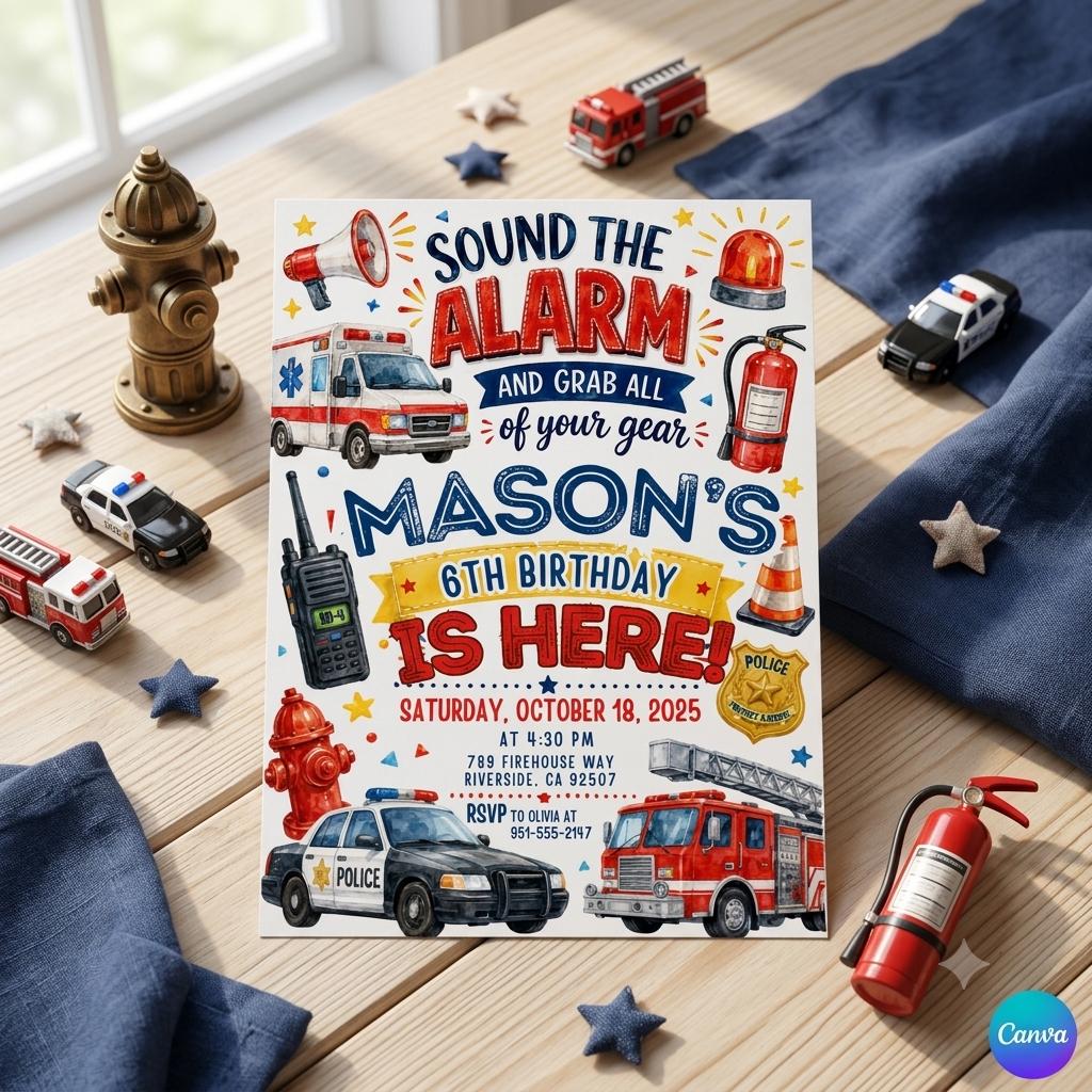 First Responders Birthday Party Invitation - Calling All Units, Emergency Vehicles Invite - Boy Fire Truck, Ambulance (Digital Download)